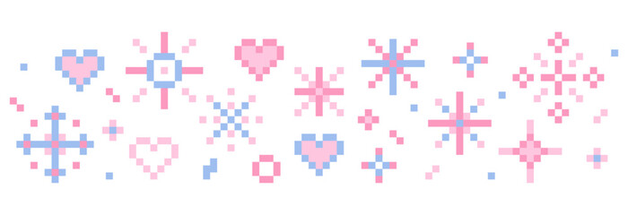 Pixel star sparkle cute retro 8 bit sparkle seamless border. Shiny pink game pixel art effect decoration. Firework burst, arrow, space decoration. 90s aesthetics, y2k 