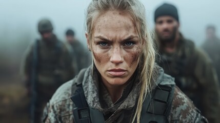 Fototapeta premium An intense close-up of a female soldier with a fierce expression and dirt-streaked face, surrounded by fellow soldiers in a foggy battlefield setting.