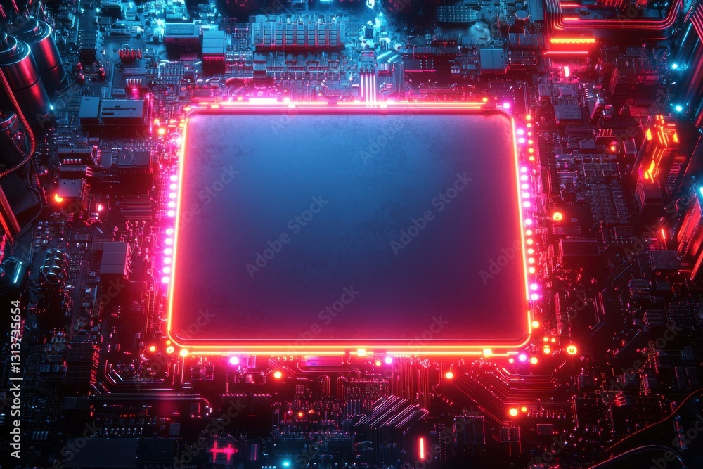 Poster high-tech neon-lit circuit board close-up with futuristic glowing elements