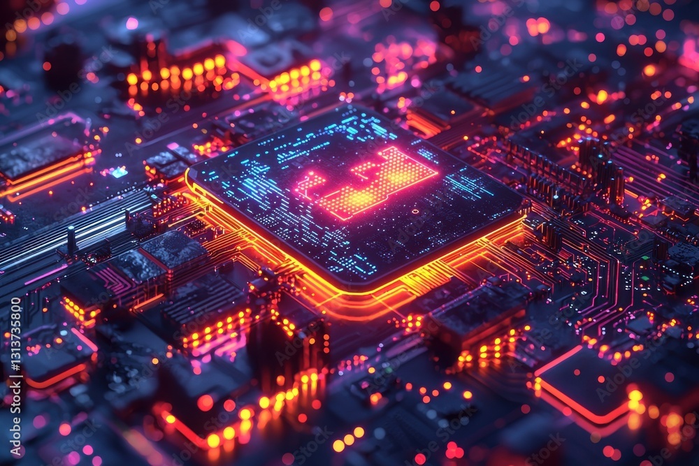 Aufkleber futuristic glowing microchip on a vibrant circuit board in a high-tech setting