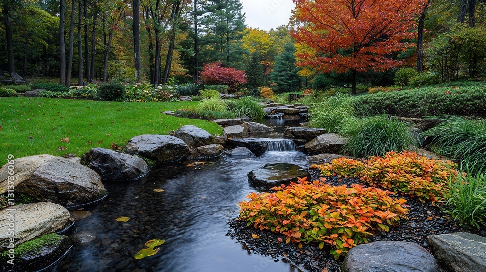 Poster peaceful autumn landscape with colorful trees and gentle stream in a scenic garden setting