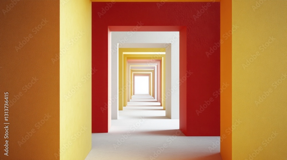 Aufkleber a maze-like red and yellow cubic archway standing in the middle of a white void, hinting at endless 