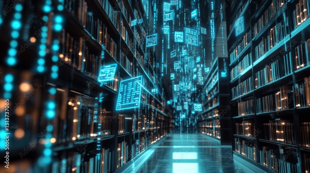 Poster a modern library with holographic books and glowing binary code floating around, symbolizing futuris