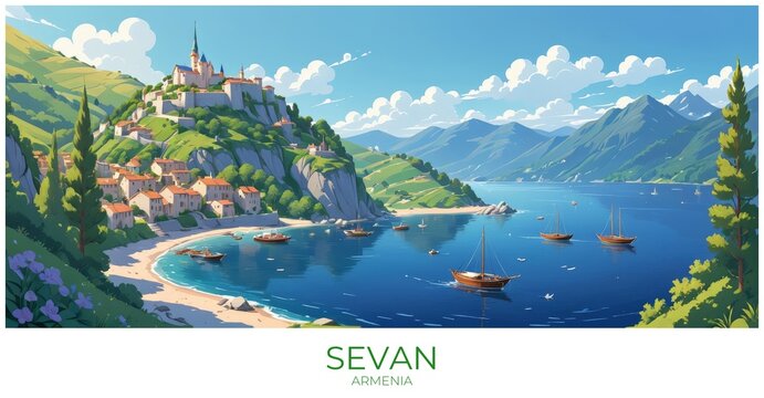 Sevan Armenia Travel Poster Flat Illustration Print Decor Gift Canvas Wall Art