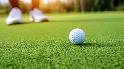 Golfer preparing for precise putt on bright green golf course, focusing intently on white ball. sun casts warm glow, enhancing serene atmosphere