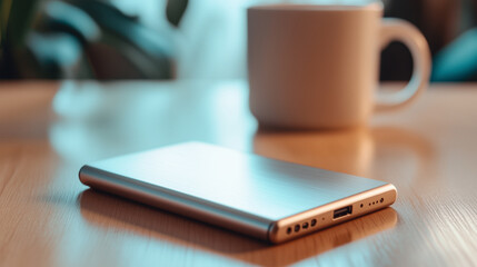 Sleek Metallic Portable Charger on Wooden Table