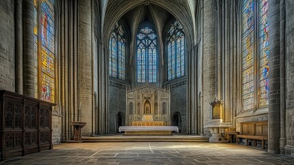 Fototapeta premium Cathedral altar, stained glass, sunlight, stone interior, religious worship