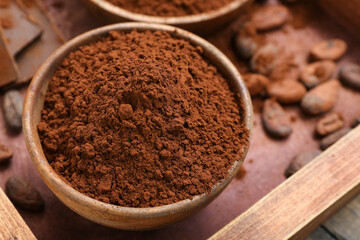 Bowl with cocoa powder on table