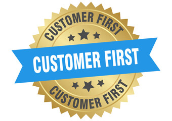 customer first. customer first round blue and gold label isolated on transparent background
