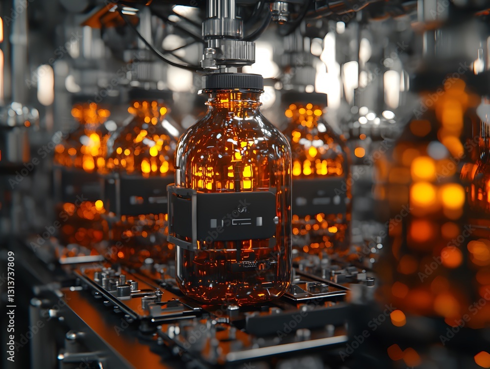 Poster automated production process featuring a bottle of liquid being poured into a machine for efficient 