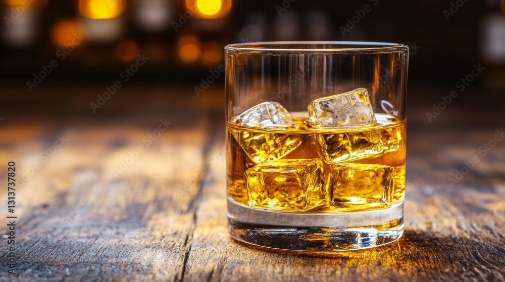 Poster glass of whiskey with sparkling ice on rustic wooden table, creating a warm and inviting atmosphere.