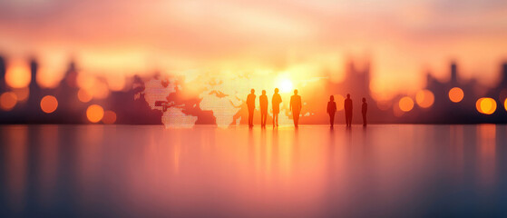 Silhouettes of human figures against vibrant sunset, symbolizing unity and connection in global context. warm colors evoke sense of hope and collaboration