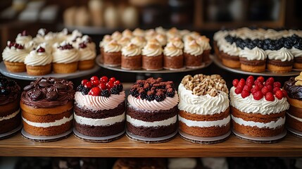 Bakery window display with mouthwatering cakes and cookies