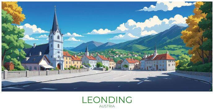 Leonding Austria Travel Poster Flat Illustration Print Decor Gift Canvas Wall Art