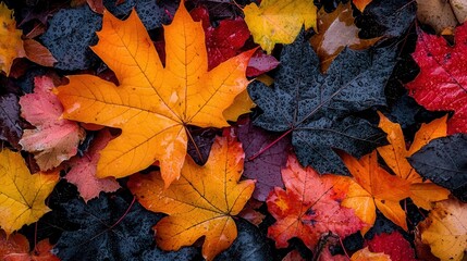 Colorful Autumn Leaves on Wet Ground with Natural Raindrops in Warm Tones