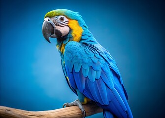 Fototapeta premium A blue parrot is perched on blue background