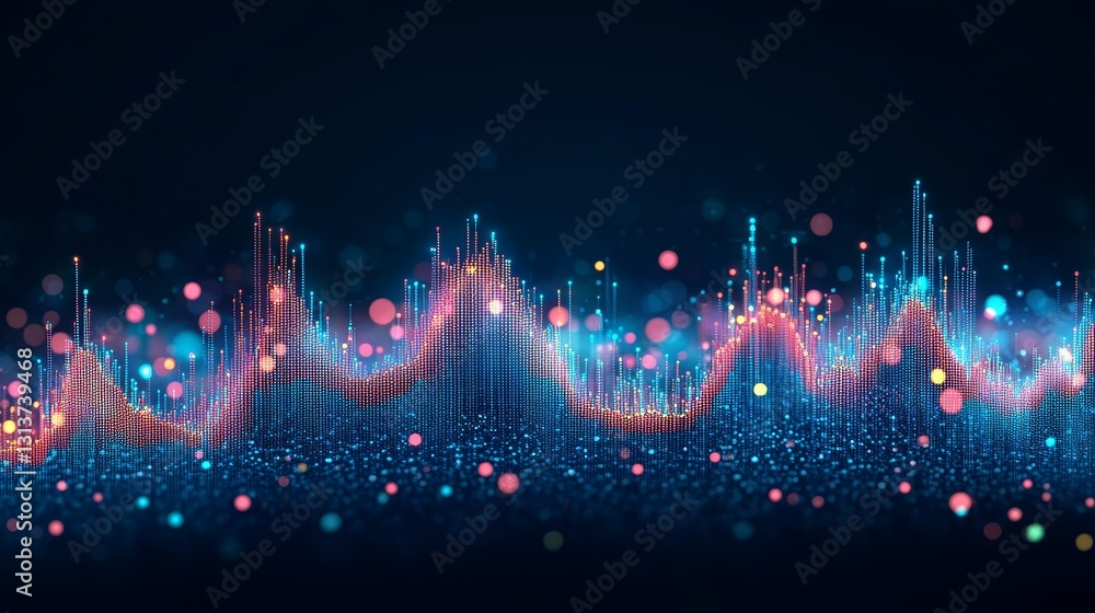 Poster abstract dark blue glowing particle wave visualization background for modern digital data innovation