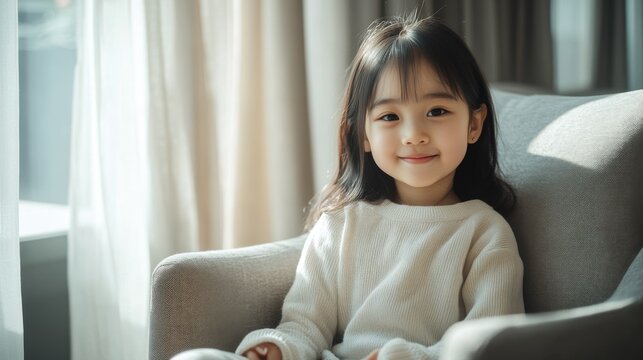 adorable little girl sitting on a cozy chair