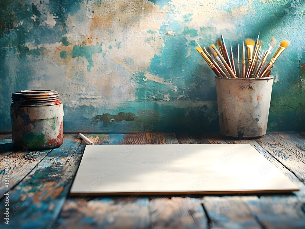 Poster an artistic painting displayed on a table in a creative workspace for illustration and artistic expr