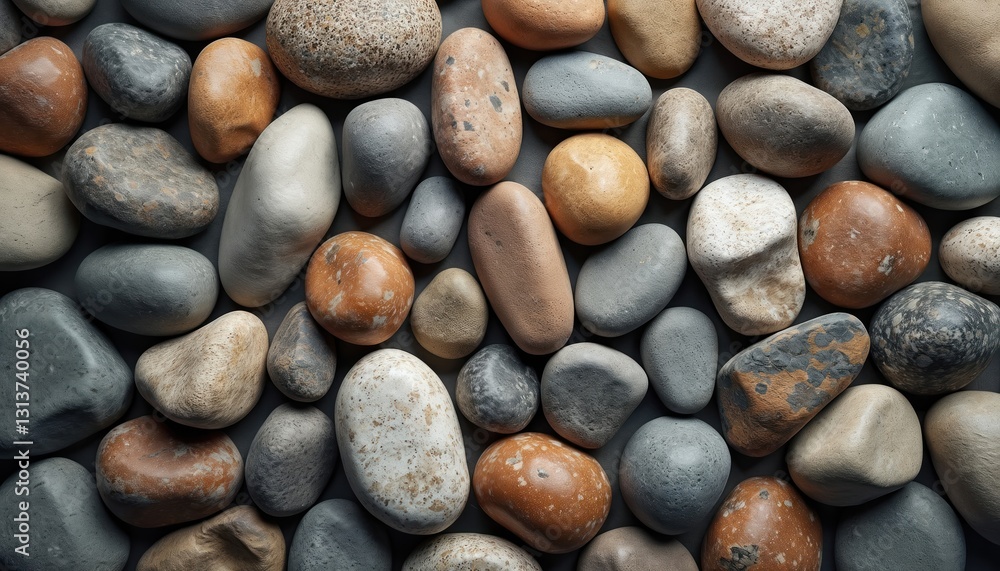 Poster bird-eye view of polished river rock floor with unique texture. different colors. smooth surface wit