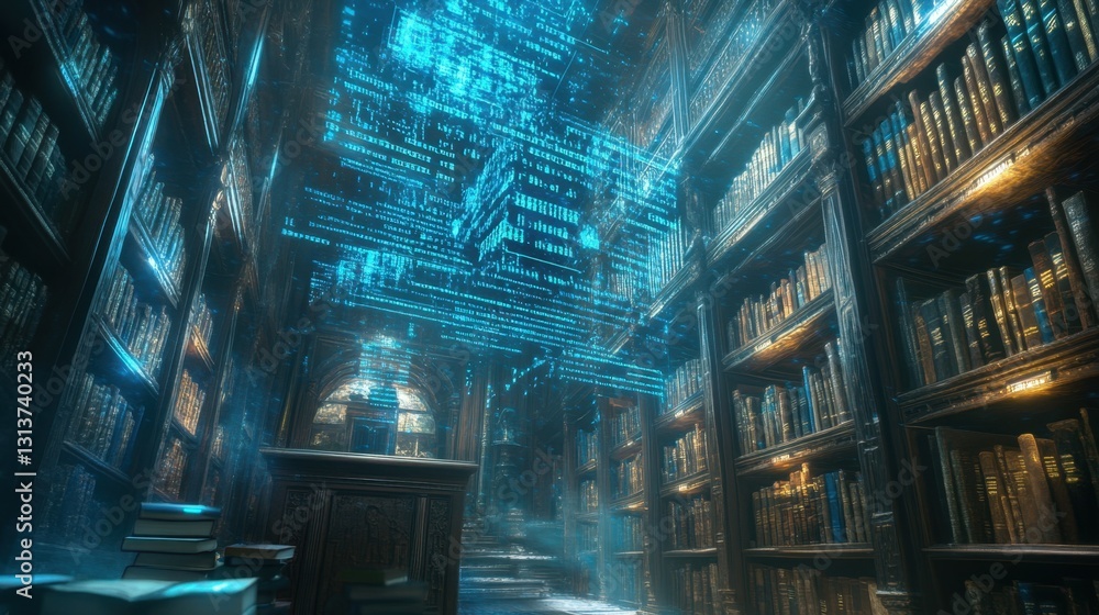 Poster a sci-fi-style digital library with luminous blue binary code swirling around ancient bookshelves.
