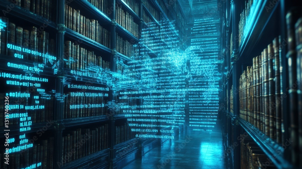 Poster a sci-fi-style digital library with luminous blue binary code swirling around ancient bookshelves.