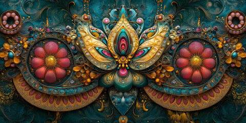 An intricate decorative artwork with a central lotus flower surrounded by ornate golden details, pink gemstones, and deep green textures.