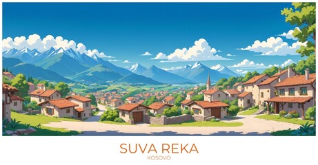 Suva reka Kosovo Travel Poster Flat Illustration Print Decor Gift Canvas Wall Art