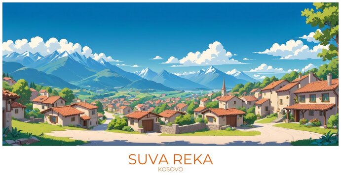 Suva reka Kosovo Travel Poster Flat Illustration Print Decor Gift Canvas Wall Art
