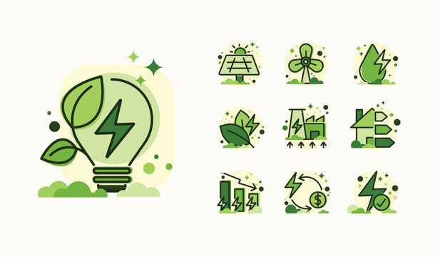 Renewable, green energy, energy efficiency and save energy web banner with icons. Eco house, Sustainable industrial factory. Energy efficient rating class, Green Building for Sustainable Development.