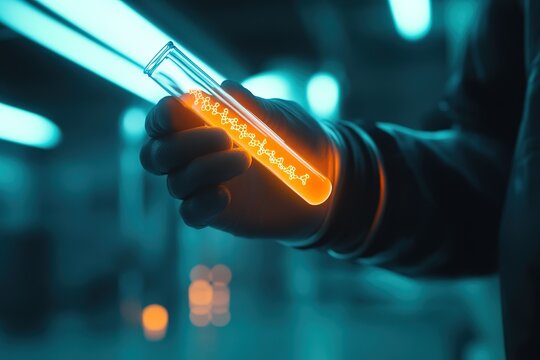 A scientist holding a glowing test tube of synthetic DNA, experimenting with genetic engineering in a futuristic biotech lab