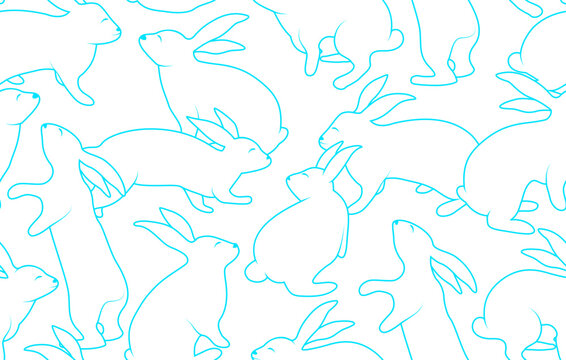 Rabbits outlined in a light blue stroke seamless pattern. The rabbits are in various poses, such as sitting, standing, and leaping, creating a dynamic and playful composition. Design for textiles.