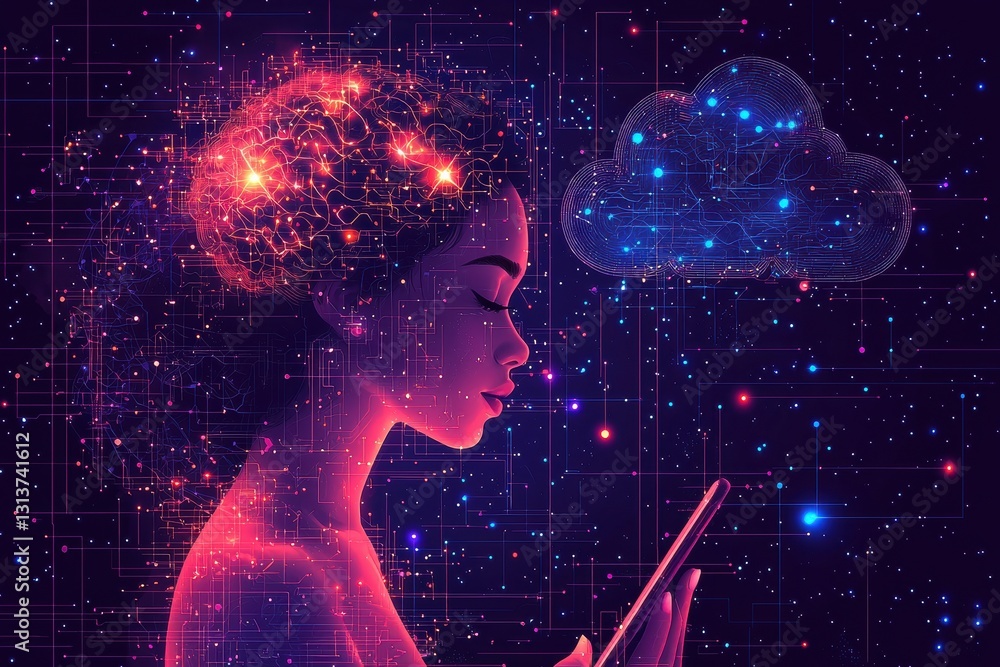 Poster futuristic woman integrating artificial intelligence technology with virtual cloud computing