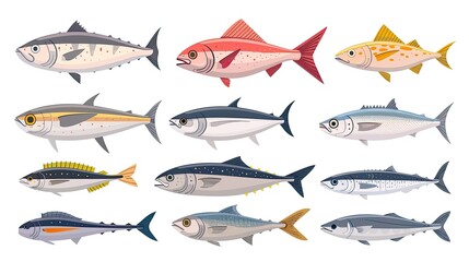 A collection of various fish illustrations showcasing different species and colors.