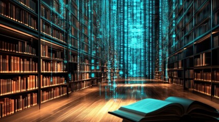 A sleek digital library with interactive books and bright binary code streaming across a holographic interface.