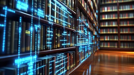A sleek digital library with interactive books and bright binary code streaming across a holographic interface.