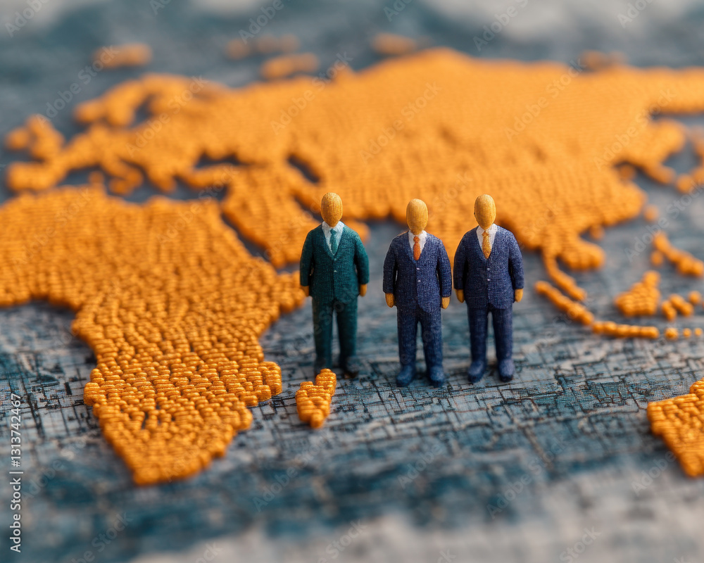 Poster miniature wooden figures representing global unity on world map. figures stand confidently, symboliz