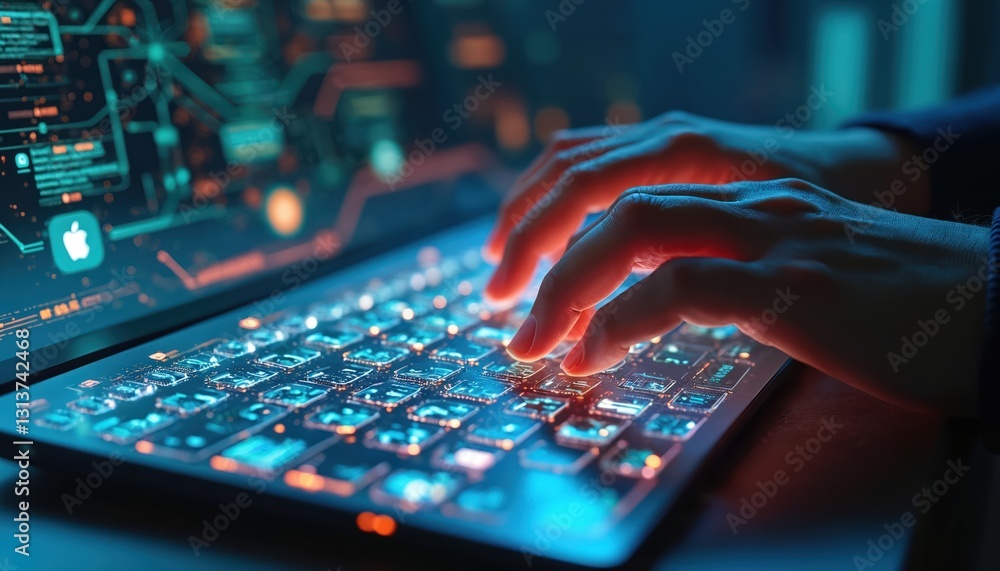 Poster Closeup of hands typing on futuristic laptop keyboard. Fingers press glowing button. Innovative device screen displays data for cyber security, blockchain, big data, neural network, crypto concept.