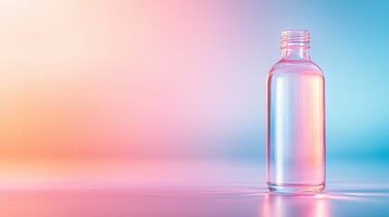 A clear glass bottle elegantly stands against a pastel backdrop of soft blue and pink, embodying a sense of tranquility and modern simplicity in its design.
