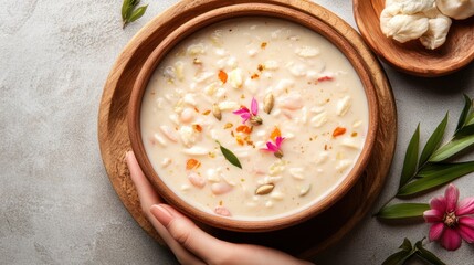 Creamy dessert bowl with colorful toppings, surrounded by fresh ingredients on a textured surface