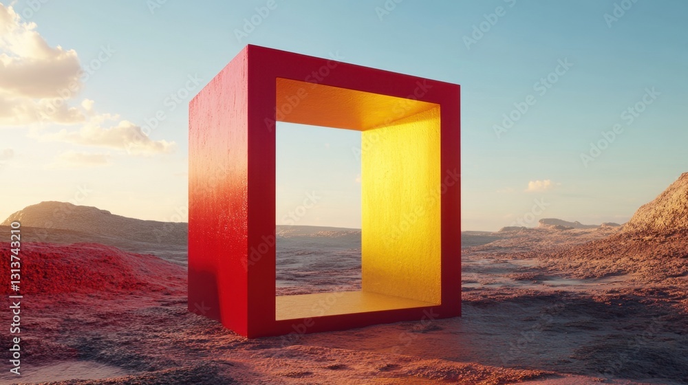 Poster a striking red and yellow cube portal in an open landscape, symbolizing transition and futuristic co