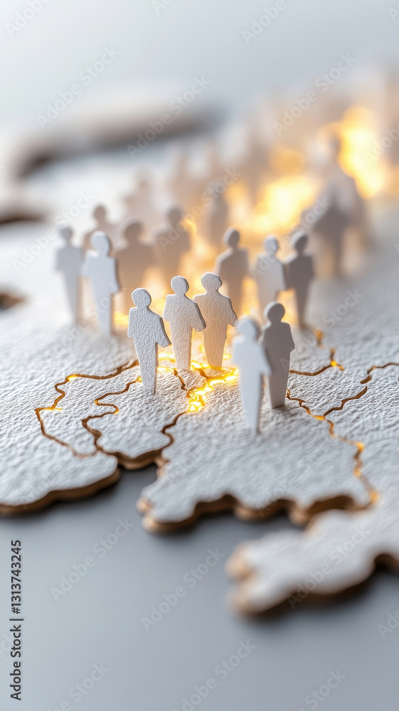 Poster paper cutout figures forming network on textured map, symbolizing connection and collaboration. warm