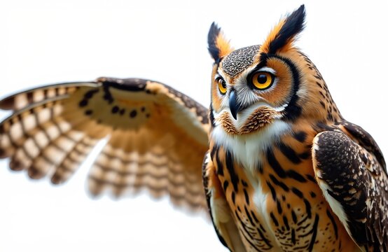 Close-up of great horned owl isolated on white background. Bird with open wings looks wise, intelligent. Yellow eyes, brown feathers, sharp beak, fluffy plumage create striking image. Predator ready