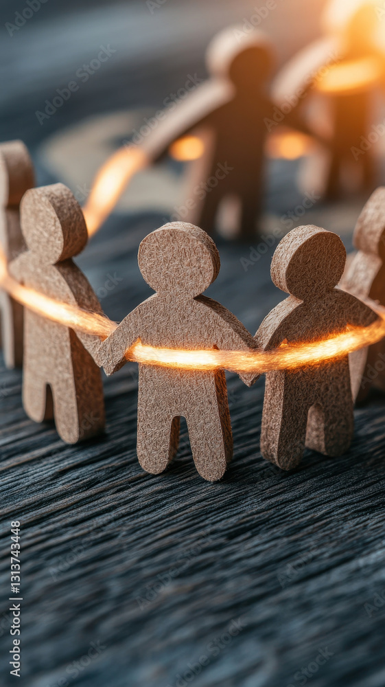 Poster paper cutout figures forming network, symbolizing connection and unity. warm glow highlights importa