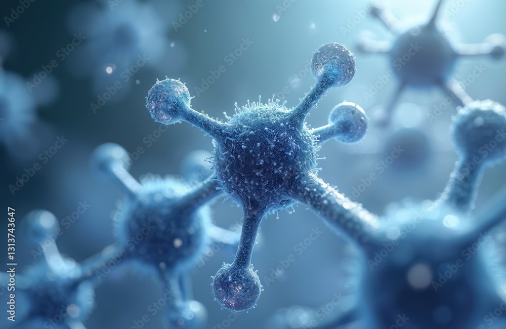 Poster Close-up of molecule model structure representing biomaterials, nanotechnology research in science. Blue abstract background with atoms, molecules. Genetic engineering experiment in lab, microscopic