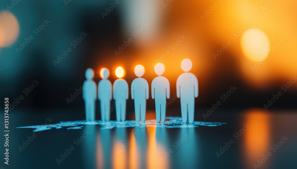 Poster paper human cutouts standing in row, illuminated by warm glow, creating serene and contemplative atm