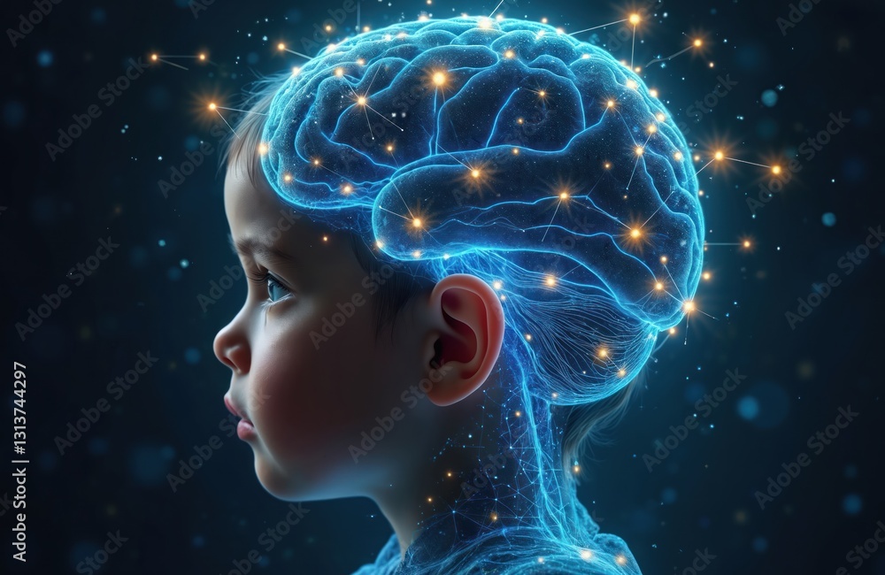 Aufkleber side profile of child with digital glowing brain. blue lines, neural connections represent artificia