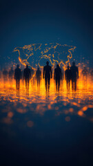 Silhouettes of people standing on glowing world map, symbolizing global connection and unity. vibrant orange and blue colors create striking visual impact