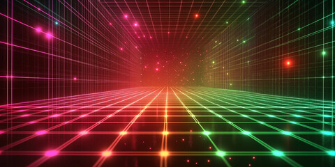 A dynamic, glowing neon grid with a futuristic red and green digital landscape. The perspective creates depth, simulating a high-tech cyber space environment.