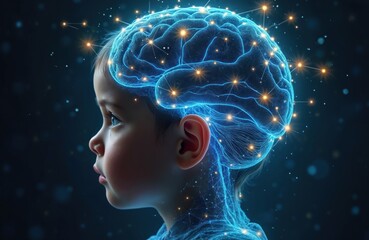 Obraz premium Side profile of child with digital glowing brain. Blue lines, neural connections represent artificial intelligence. AI deep learning, creative mind, imagination power, futuristic tech, intellect